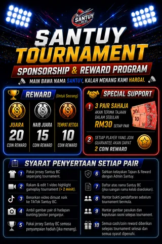 Santuy Tournament — Sponsorship & Reward Program: reward juara, tajaan dan syarat penyertaan